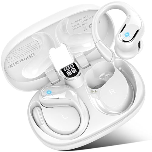 Wireless Earbuds, Bluetooth 5.4 Headphones Sport, 75H Hi-Fi Stereo Wireless Earphones with 4 ENC Noise Canceling Mic, IPX8 Waterproof Over Ear Buds with Earhooks, LED Display Bluetooth Earbuds, White