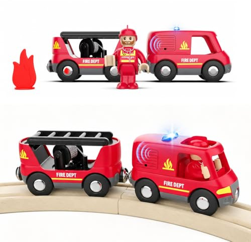 Cylora Camion de Pompiers Son et Lumière- Système d'attache Aimantée- pour Circuit de Train en Bois, Compatible avec Thomas, Brio, Jouet pour garçons et Filles à partir de 3 Ans