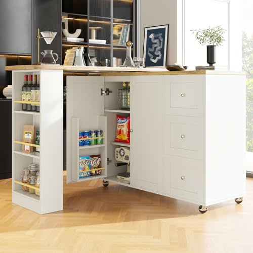 KOMHTOM Table à Manger Pivotante à 360°avec Armoire de Rangement, Meuble Bar Mobile, Bar Cuisine avec 2 Portes, 3 Tiroirs et étagères latérales (Blanc)
