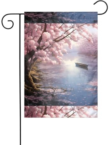 WZYWHJ Drapeau de jardin décoratif motif fleurs de cerisier au bord du lac 30,5 x 45,7 cm pour un environnement extérieur tendance