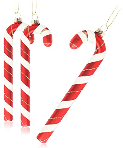 com-four® 3X Christbaumanhänger Zuckerstange XXL- Christbaumschmuck zum Anhängen - Weihnachtskugel in Zuckerstangen-Form - 17 cm (rot/weiß/goldfarben Glas - 3 Stück)