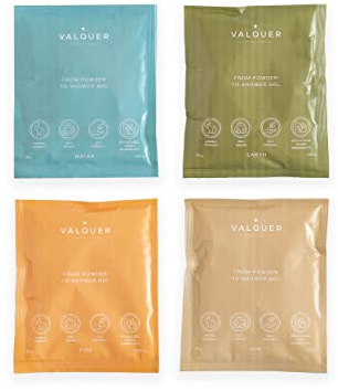 Valquer Shake - Confezione da 4 gel doccia resistenti. Ricarica gel corpo. Una bottiglia = infinito di gel. Zero sprechi. 25 grammi = 400 ml di gel - 4 bustine da 25 gr (1 di ogni tipo)