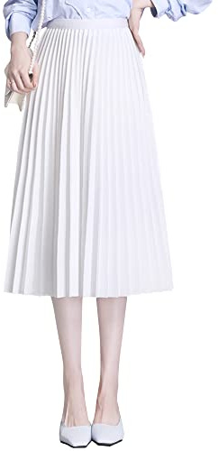 Donne Ragazze Gonna a Pieghe Gonna Midi Gonna di Media Lunghezza Gonna Plissettata in Fibra d'argento Fascia Elastica in Vita per la Primavera Autunno Lunghezza della Gonna 75cm - Bianco Tinta Unita