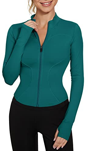 LUYAA Träningsjacka för kvinnor, lätt dragkedja, yoga, jacka, cropped Athletic Slim Fit-toppar, blå grön, L