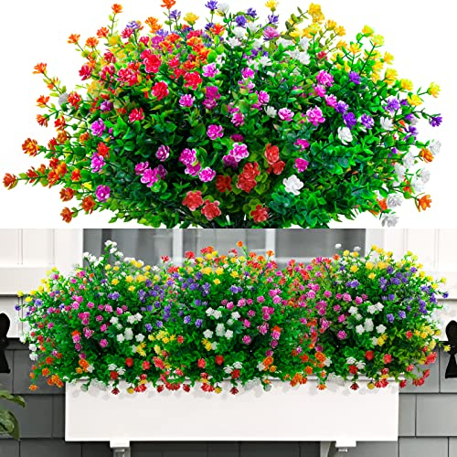 Jusvenmt 12 Bundles Artificial Flowers Outdoor Fake Flowers UV Resistant, Plastic Greenery Shrubs Plants Faux Flower for Outside Indoor Garden Hanging Baskets Window Box Decoration (Multicolor)