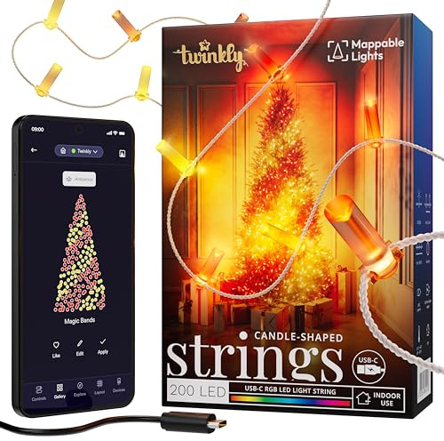 Twinkly Strings USB-C Candle 200 LED, Striscia Luci LED a Forma Candela, Luci LED Multicolore RGB, Luci San Valentino, Compatibile con Alexa, Google Home, Luci Mappabili, USB C, Filo Trasparente, 12m