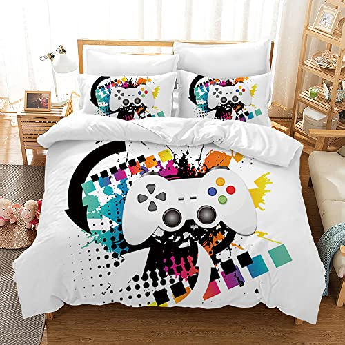 MIQEBX Housse de Couette Gamer 200x200 cm Parure de Lit 2 Personnes en Microfibre Manette de Jeu Vidéo Console de Jeu Housse de Couette avec Fermeture Éclair + 2 Taies d'oreiller 50x75 cm