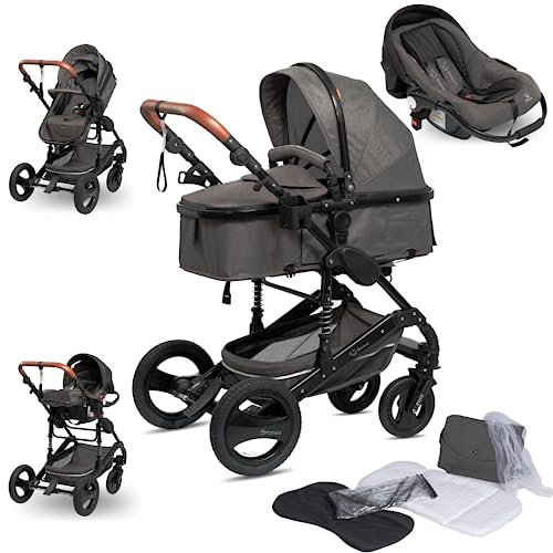 BRONEA 3 in 1 Kinderwagen Set mit Auto-Babyschale, ISOFIX STATION & Zubehör - Kombikinderwagen - große Räder - leicht klappbar - verstellbarer Fahrtrichtung - Grau/Schwarz