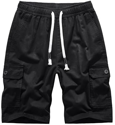 MakingDa Algodón Cargo Shorts Hombre Cuerda Ajustable Cintura Elástica Bolsillo Utilitario Slim Correr Caminar Acampar Pantalón Corto Hombre Ligero Clásico Bermuda Deporte Vacaciones Playa Negro XXXXL