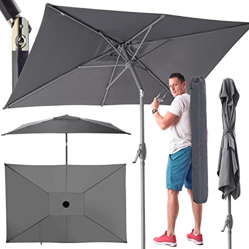 TOM rechteckiger Sonnenschirm mit Schutzhülle und Kurbel für Balkon, Garten & Terrasse – großer 140 x 210 cm Gartenschirm Schirm in Anthrazit oder Beige – 45° knickbar (Anthrazit)