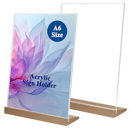 Toionmm 2 Stück Acryl Aufsteller A6, Tischaufsteller mit mit Holz Sockelboden, L Form Preisschilder Aufsteller, A6 Werbeaufsteller Acryl Schilderhalter für Hochzeit Restaurant Büro Cafe Acrylic Stand