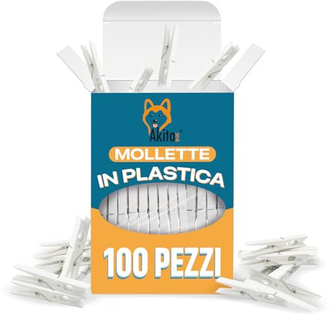 Akitaink Mollette per bucato in plastica 100 Pezzi bianche, Antisegno, Ecologiche, Antiruggine, da plastica post consumo. Misura grande, Resistenti Antivento per panni