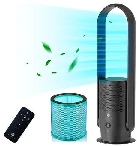 Rotorloser Ventilator mit Luftreiniger, Ultty Turmventilator Leise mit Fernbedienung, Touch, 8H Timer, HEPA-Filter 99,97%, 80 cm 90° Oszillation Bladeless Fan für Schlafzimmer Büro, CR022 Schwarz