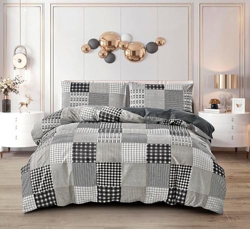 PRIME LINENS Duvet Cover Set 4 Pcs Brushed Microfibre Quilt Cover Bedding Set With Pillow Cases and Extra Fitted Sheet Included (Check Decor, Super King)