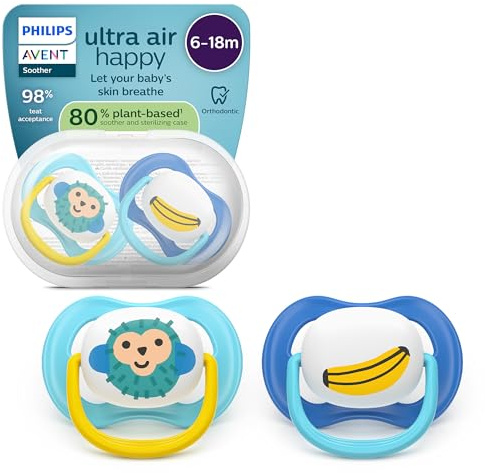 Philips Avent chupetes ultra air: diseño anatómico, para bebés de 6 a 18 meses, tetina simétrica de silicona suave, sin BPA, con estuche esterilizador, paquete de 2, SCF080/26