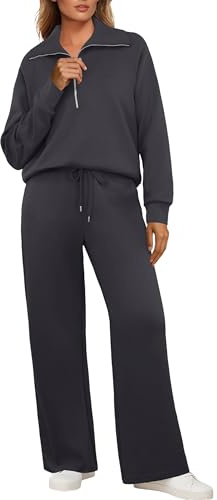 GRECERELLE Joggingdräkt för kvinnor, träningsoverall, tvådelad outfits, tracksuit långärmad, avslappnad, V-hals, halv dragkedja, toppar och joggingbyxor, träningsoveraller med fickor, Mörkgrå, S