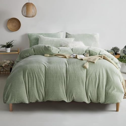 YASMENG Housse de Couette Flanelle 200x200 Hiver Chaude Vert Clair Velours Laitier Parure de Lit Polaire Doux Douillet Duveteux Linge de Lit 2 Personne avec Fermeture Éclair et Taies d'oreiller 65x65