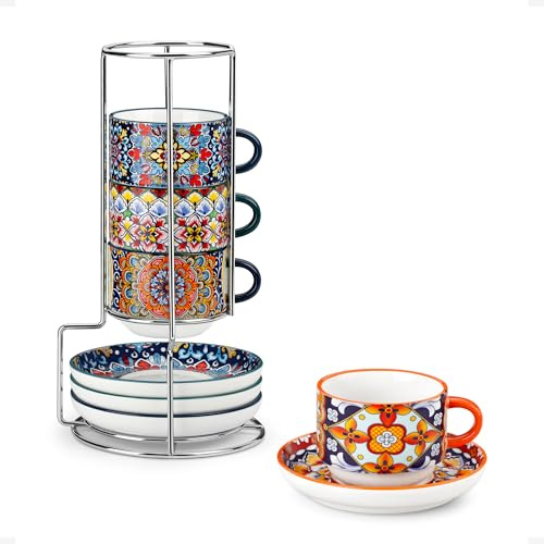vancasso SIMI Cup and Saucer Set of 4, 4oz/120ml Coffee Cups Set, Porcelain Espresso Cups with Metal Stand, Microwave & Dishwasher Safe, Cup Suitable for Macchiato, Piccolo Latte, Small Cappuccino