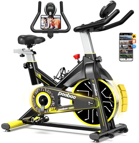 pooboo Exercise Bike, Brake Pad Stationary Bike for Home with Exclusive App, Adjustable Resistance Quiet Indoor Cycling Bike with 300lbs Weight Capacity Extra Comfort Seat,Indoor Cycling Spin Bike Workout Bike with Tablet Holder and Fitness Courses for Weight Loss