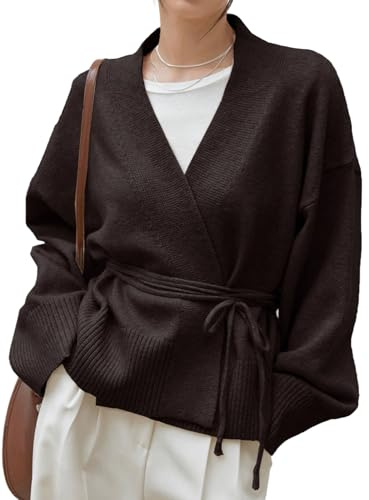 WDIRARA Women's Wrap V Neck Long Sleeve Tie Front Belted Cardigan Casual Sweater Chocolate Brown Medium