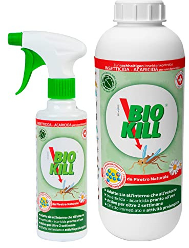Kit Biokill Insetticida Biologico di Piretro Naturale a Base Acquosa - 1 Flacone Spray da 375ml + 1 Ricarica da 1 Litro Bio Kill