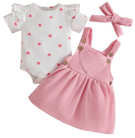 LUVCES Ensemble Nouveau-né Fille Jupe à Bretelles en Velours Côtelé + Haut Côtelée avec Cœur + Bandeau 3Pcs Jolie Vêtements d'Automne Hiver Été