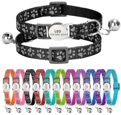 Personalised Reflective Cat Collar with Name Tag,Quick Release Kitten Collars with Bell Safety Buckle, Adjustable Nylon Cat Collar for Cats Kittens UK Prime (19–30 cm, Black Paw)