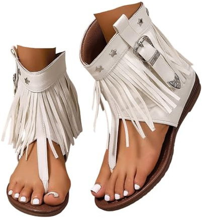 ENEN Botines de Verano Mujer con borlas,Planos Cana Media Estilo Cowboy Sandalias de Mujer con Punta Abierta Comodas y Elegantes Botas Mujer Cowboy para Primavera Verano el día a día (Blanco,41)