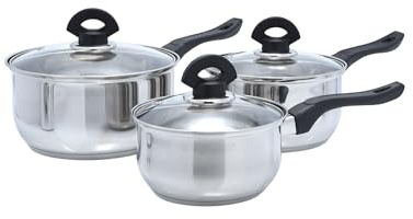 Buckingham Premium 3 Pieces Stainless Steel Saucepan Set with Tempered Glass Lid Induction Hob Pan Set Bakelite Handles and Even Heat Distribution