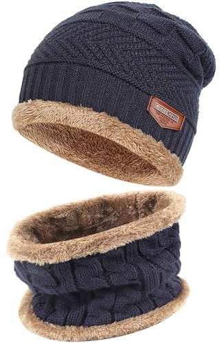 Bequemer Laden Mens Winter Beanie Hat Scarf Set Warm Knit Thick Fleece Lined Skull Cap Neck Warmer Gifts for Women Men