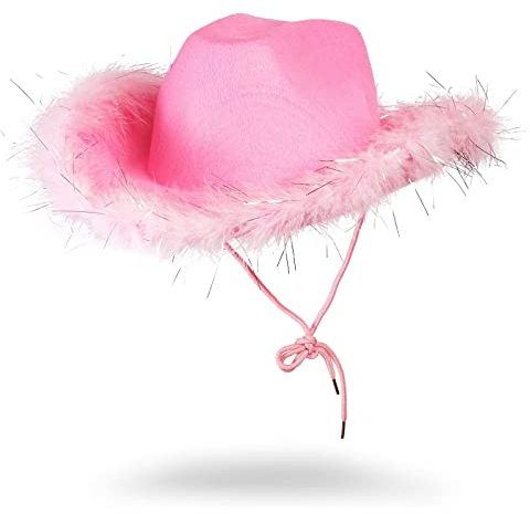 Juvolicious Rosa Cowboyhut mit Kunstfederbesatz, Westernhut für Erwachsene, Cowgirl