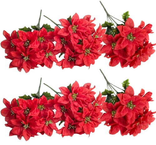 Marooma Poinsettia artificielles Rouges à 7 têtes en Tissu de Soie pour décoration de Noël (Lot de 6)