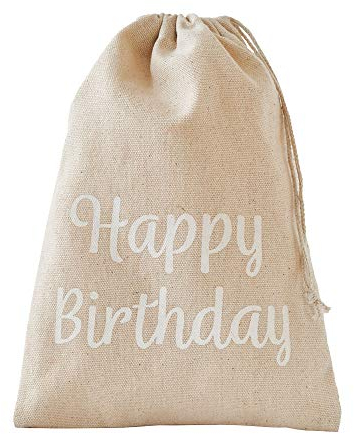 | 3 Geschenkbeutel in Leinen-Optik - Happy Birthday - 20x12 cm, Baumwollbeutel, Stoffbeutel, natürliche Geschenkverpackung, Geburtstag, Muttertag, Hochzeit, Feste, Danke sagen