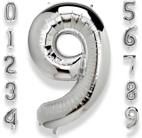AULE Silver Number 9 Balloon 40 Inch Giant 0-60 Foil Large Balloons | Big Mylar 9 Number Balloon Helium Huge Jumbo for Happy 9th Birthday Party Anniversary Decorations Supplies