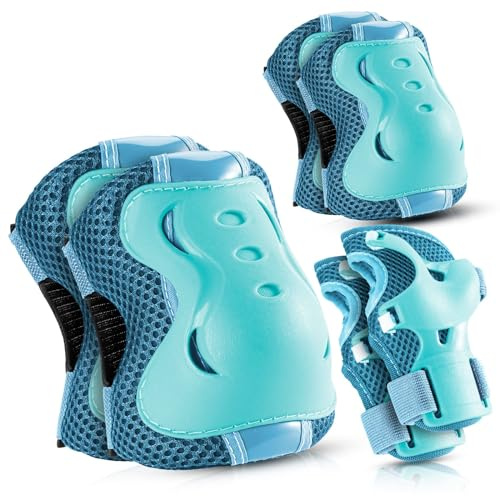 BOSONER Knee Pads for Kids Roller-Skating - Adjustable Protective Gear Set Knee Elbow Pads Wrist Guards for Bike Cycling Skateboarding Scooter Gifts 3-7/8-14 Years Boys Girls(Blue)