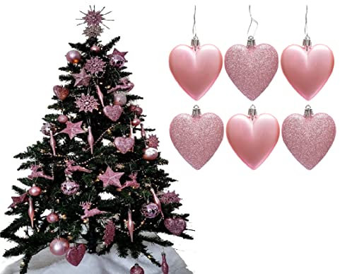 Lot de 6 grandes boules de Noël en forme de cœur pailletées et mates - Décorations de sapin de Noël - Rose poudré