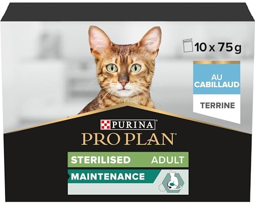 PURINA Pro Plan | Adult STERILISED Maintenance | Aliment Complet pour Chat Adulte Stérilisé | Aide à Maintenir Une Bonne santé urinaire | Terrine | Au Cabillaud | Portion Individuelle | 10x75g