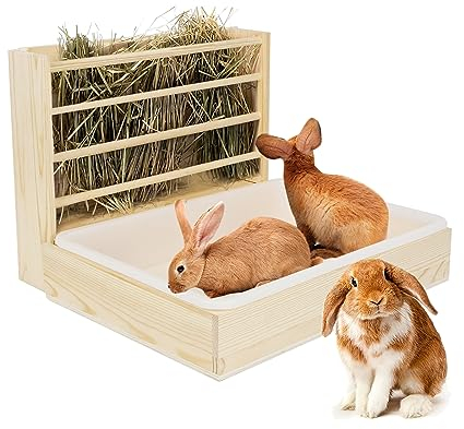 Heuraufe Kaninchen,Heuspender aus Holz mit Sitzbrett Tablett und Trinken,Rabbit Hay Feeder,Weniger Verschwendete Krippe,Futterspender Manger für Kaninchen Meerschweinchen Chinchilla Hamster Kleintiere