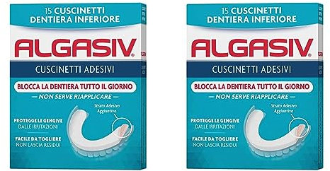 Algasiv Cuscinetti Adesivi per Dentiera Inferiore, Dura tutto il Giorno, Tenuta 20 Volte più Forte, 15 Pezzi (Confezione da 2)