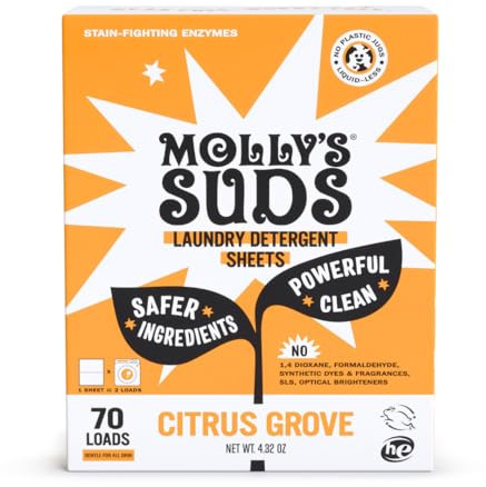 Molly's Suds Detergent Sheets, Gentle on Sensitive Skin, Powerful Bio-Based Enzymes, Stain Fighting, Liquidless & Plastic-Free Packaging, 70 Washes (Citrus Grove)