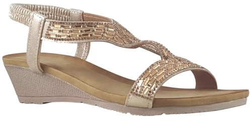 Jo & Joe Ladies Mid Heel Wedge Comfort Sandal with Glitzy Jewels and Elasticated Slingback Strap, Flexible sole sizes 4-8 (Rose Gold, UK Footwear Size System, Adult, Women, Numeric, Medium, 6)