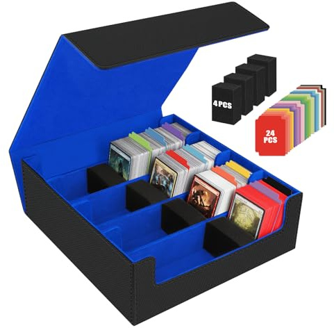 Scatola per Carte per Oltre 3200 Carte, Scatole per Carte Collezionabili con 24 Divisori Colorati e 4 Schiuma, Scatole per Mazzi Magnetici Premium, Custodia in pelle PU Magic the Gathering(Nero Blu)