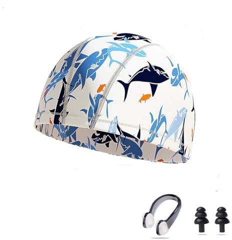 Ancaiqi Gorros de Natación para Niños，Poliéster, Fibra Elástica, para Niños y Niñas,Gorra de baño Infantil Estampada,Clip Nasal con Tapones para Los Oídos