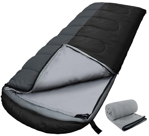 WKFAMOUT XL Schlafsack Outdoor mit Fleecefutter Schlafsäcke Erwachsene Maschinenwaschbar Winter Deckenschlafsack mit Kompressionssack für 4 Jahreszeiten Camping Wandern Schwarz