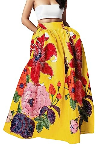2025 - Mujeres Flores en Un Bolsillo De Cintura Alta Boheme Maxi Falda Fiesta En La Playa Una Falda Larga Vestido Largo Verano Para Mujeres Con Bordados, amarillo, XXL
