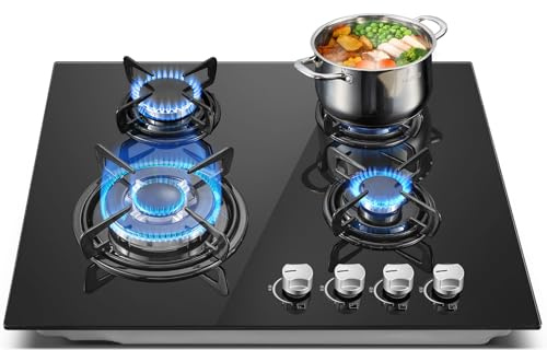TopStrong Gas Hob 4 Burners, 60cm Black Glass Built-in Cooktop with 8060W Wok Burner & Thermocouple Protection, Natural Gas & LPG Compatible