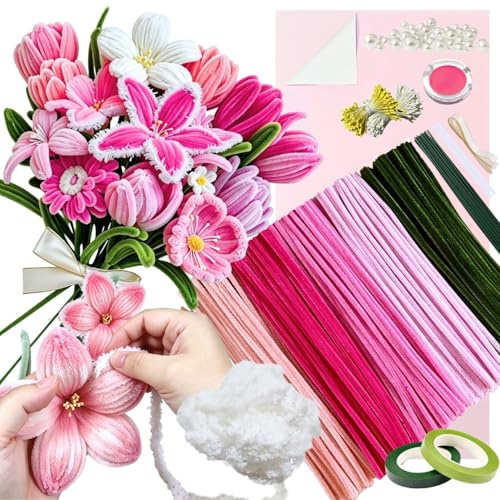 5 Color Pink Pipe Cleaner Flower Kit,300 Pcs Pipe Cleaners for Craft,with 1 Roll Fluffy Yarn,50 Pearls,100 Flower Stamens, 15 Floral Wire,2 Floral Tape,2 Wrapping Paper,Ribbon and Instruction