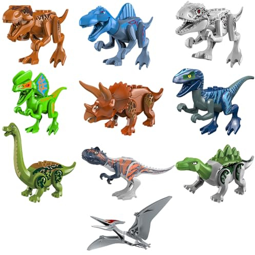 CWENDANER Juego de 10 bloques de construcción de dinosaurio, figuras realistas de dinosaurio con T Rex, triceratops y pterosaurio para cumpleaños infantiles, Navidad y fiestas a partir de 3, 4, 5, 6