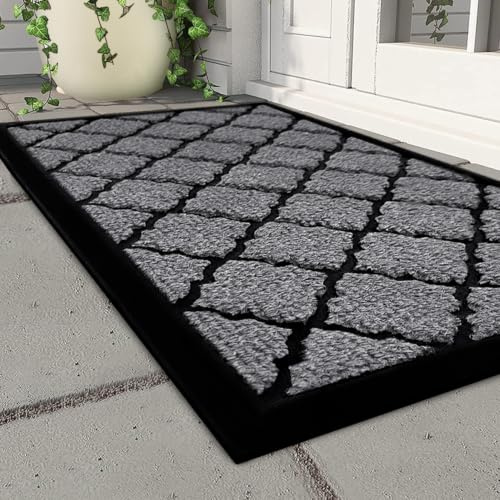 Qingbei Rina ytterdörrmattor utomhus 60 x 90 cm, grå, stor | Halkfri, superabsorberande, kraftig smutsfångare, väderbeständig, låg profil, välkommen entrématta, miljövänlig
