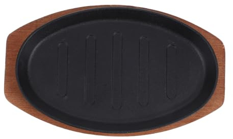 TOYZFRIENDY Plato de Hierro Fundido para Steak y Pescado con Base de Madera Sartén Parrilla Versátil para Restaurante y Hogar Diseño Compacto y Duradero para Teppanyaki y Barbacoa